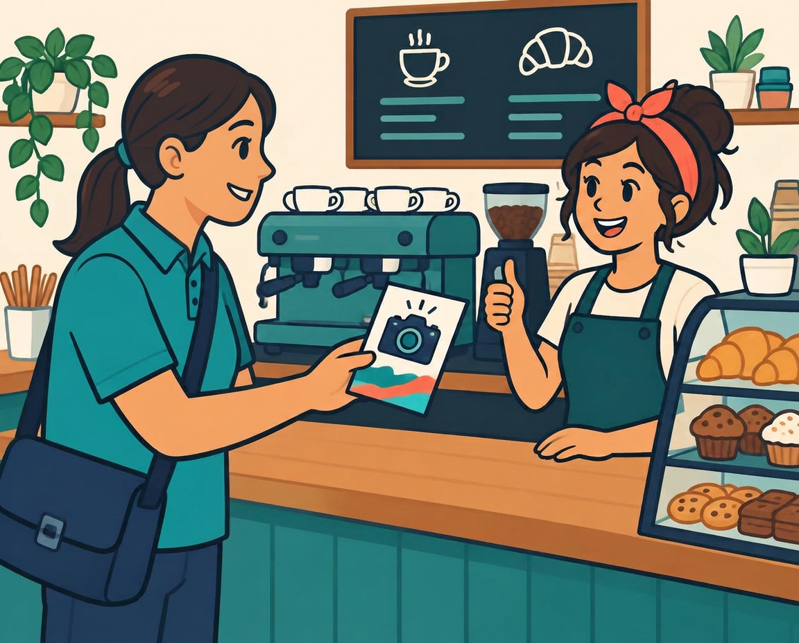 Cartoon contractor handing a flyer to a smiling barista at a cafe counter